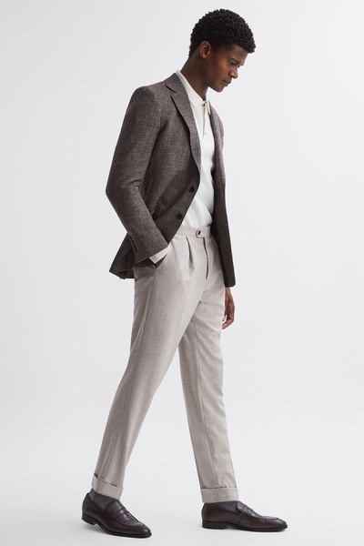 Slim Fit Brushed Wool Trousers in Oatmeal