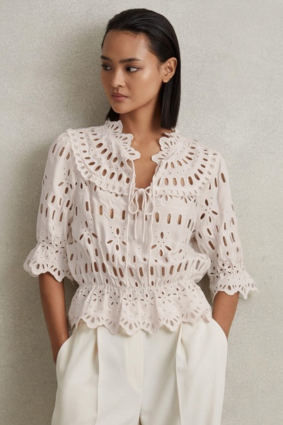 Broderie Tie Neck Blouse in Cream