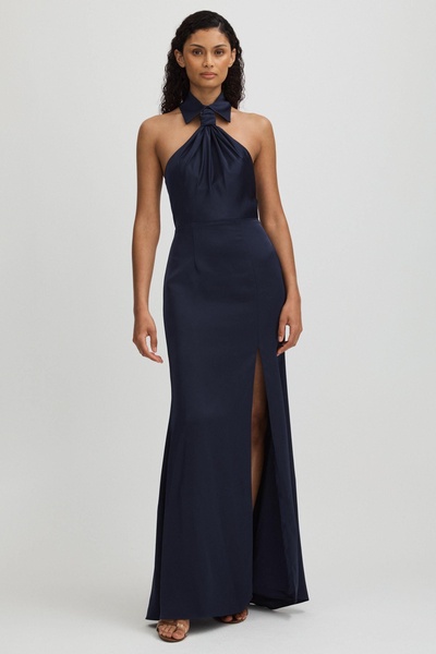 Gemi Navy Halston Satin Halter Neck Maxi Dress