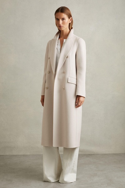 Petite Wool Blend Double Breasted Blindseam Trench Coat in Neutral