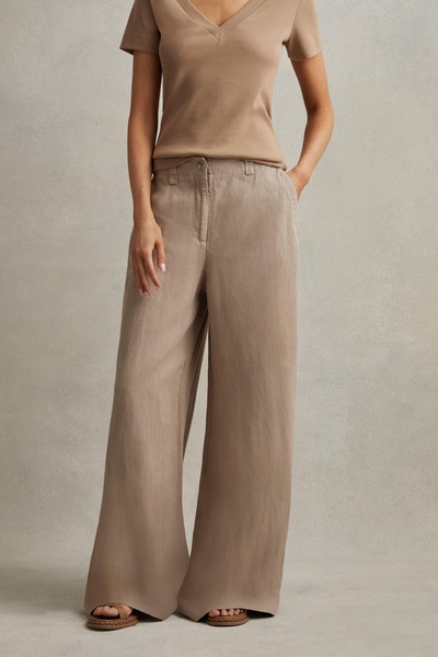 Linen Wide Leg Garment Dyed Trousers in Mink Neutral