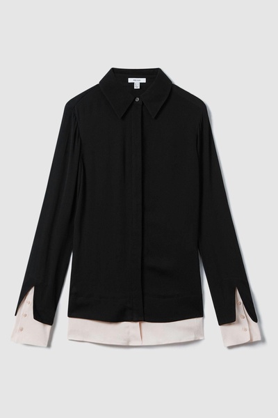 Contrasting Button-Through Shirt in Black/Nude