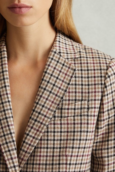 Wool Blend Checked Single Breasted Blazer in Natural Check