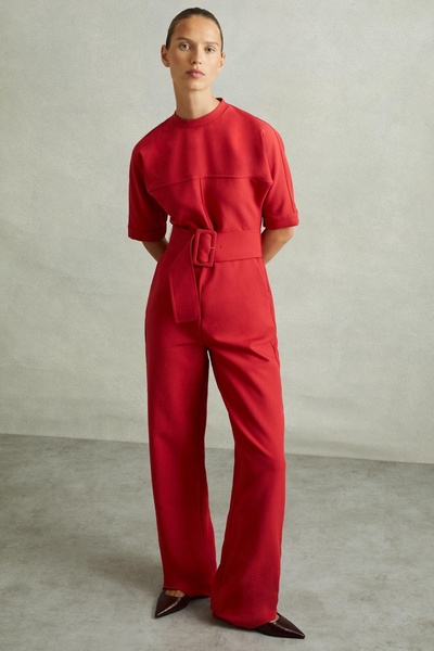 Wide Leg Belted Jumpsuit in Red