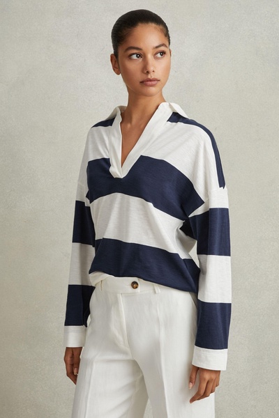 Striped Cotton Open-Collar Jumper in Navy/Ivory