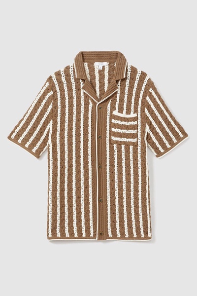 Oversized Crochet Striped Cuban Collar Shirt in Camel/White