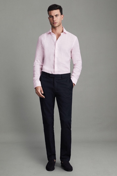 Linen Button-Through Shirt in Soft Pink Fine Stripe