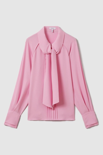 Tie Neck Zip Front Blouse in Pink