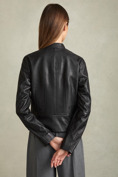 Darby Black Leather Zip-Front Biker Jacket