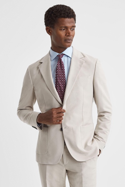 Slim Fit Single Breasted Moleskin Blazer in Stone