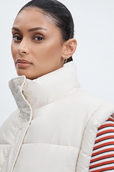 The Upside Contrast-Panel Puffer Gilet in Off White/Multi