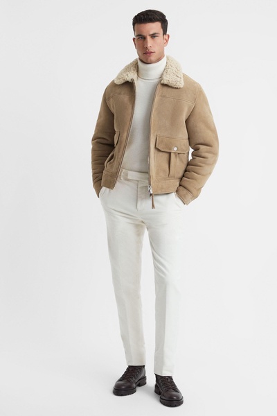 Suede Sheepskin Zip-Through Jacket in Stone