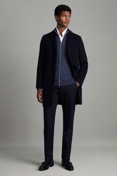 Wool Blend Single Breasted Epsom Overcoat in Navy