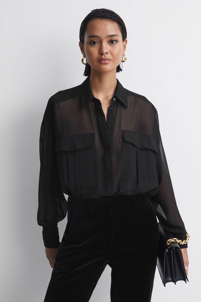 Oversized Sheer Button-Through Shirt in Black