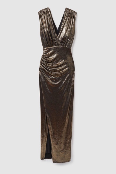 Halston Metallic Ruched Maxi Dress in Gold