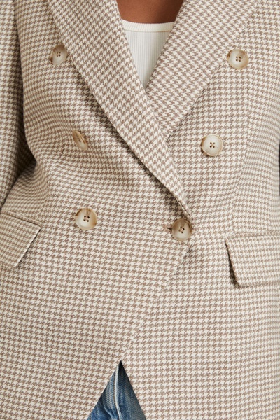 Petite Wool-Blend Double-Breasted Dogtooth Blazer in Beige Check