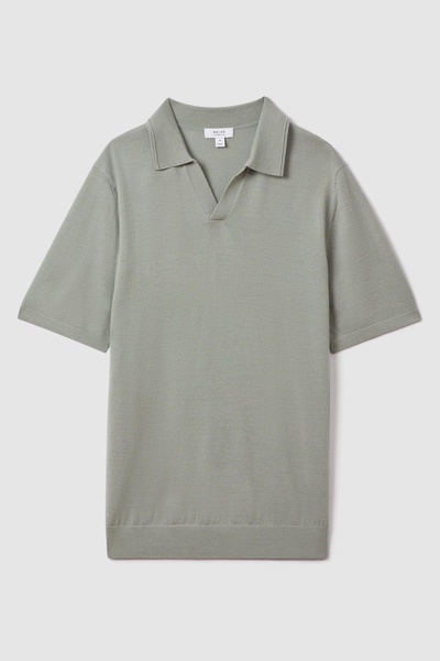 Merino Wool Open Collar Polo Shirt in Pistachio