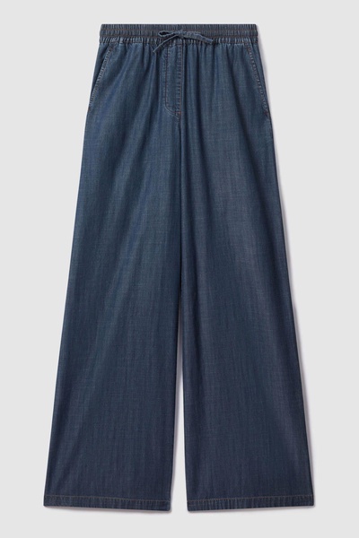 Denim Look Wide Leg Trousers in Mid Blue