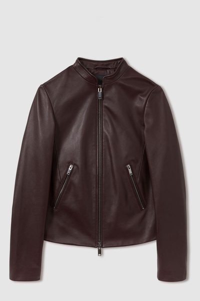 Leather Collarless Biker Jacket in Berry