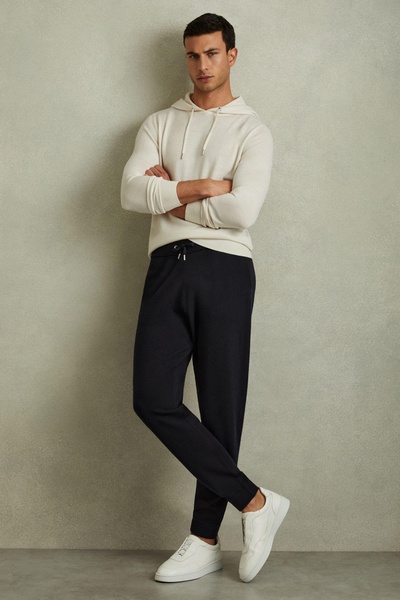 Merino Wool Blend Drawstring Joggers in Navy