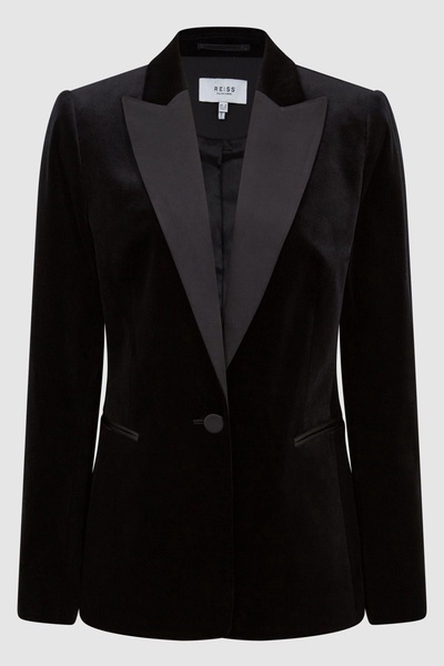 Velvet Single Breasted Suit Blazer in Black