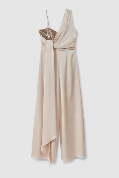 Halston Satin Sequin Wide Leg Jumpsuit in Champagne