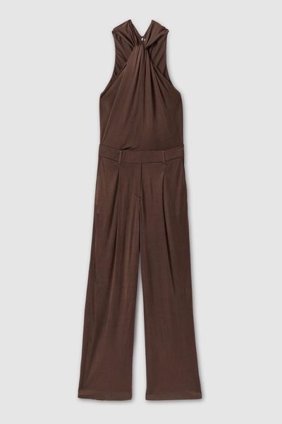 Claudia Chocolate Jersey Halter Neck Wide Leg Jumpsuit