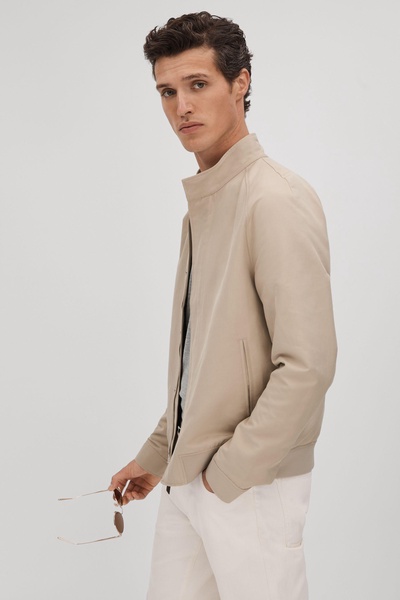 Cotton Blend Zip-Through Jacket in Stone