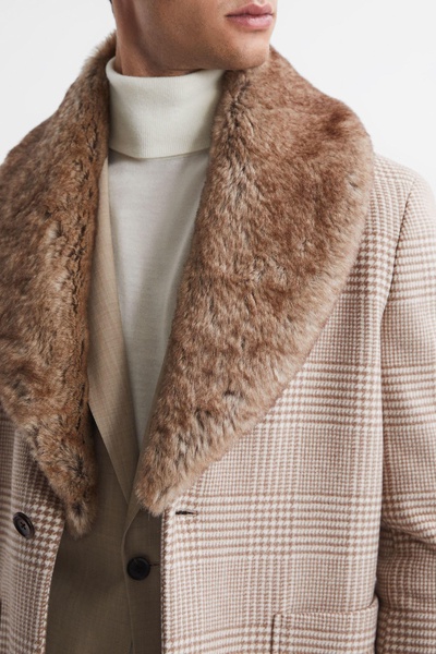 Wool Check Faux Fur Lapel Coat in Oatmeal