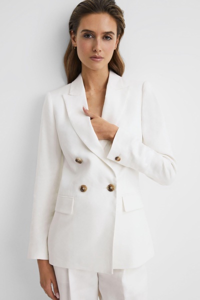 Double Breasted Linen Blazer in White