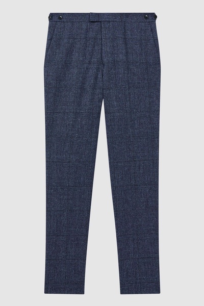 Slim Fit Wool-Linen Check Trousers in Indigo