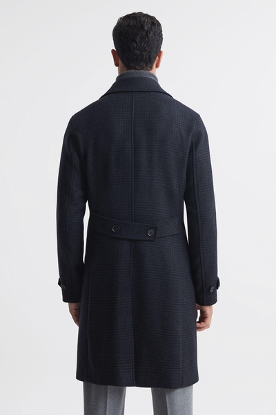 Wool Check Double Breasted Coat in Navy