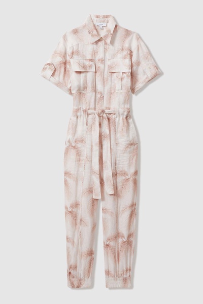 Linen Tropical Print Belted Jumpsuit in Blush