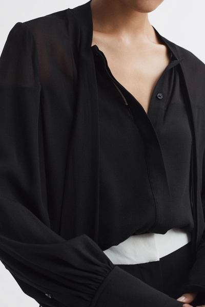 Tie Neck Semi-Sheer Blouse in Black