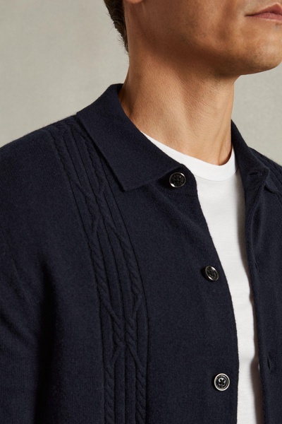 Wool Cabled-Knitted Cardigan in Navy