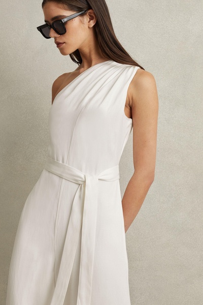 One-Shoulder Belted Jumpsuit in Ivory