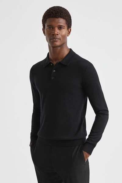 Merino Wool Polo Shirt in Black