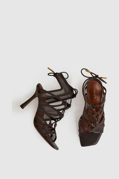 Mesh Leather Strappy Heels in Chocolate