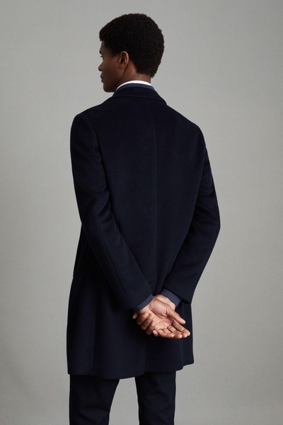 Wool Blend Single Breasted Epsom Overcoat in Navy