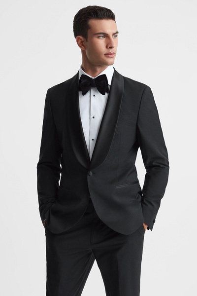 Shawl Lapel Modern Fit Single Breasted Tuxedo Jacket in Black