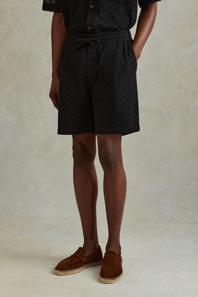 Cotton Blend Crochet Drawstring Shorts in Black