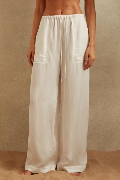 Textured Wide Leg Cover-Up Trousers in Ivory