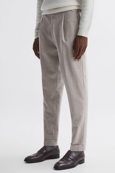 Slim Fit Brushed Wool Trousers in Oatmeal