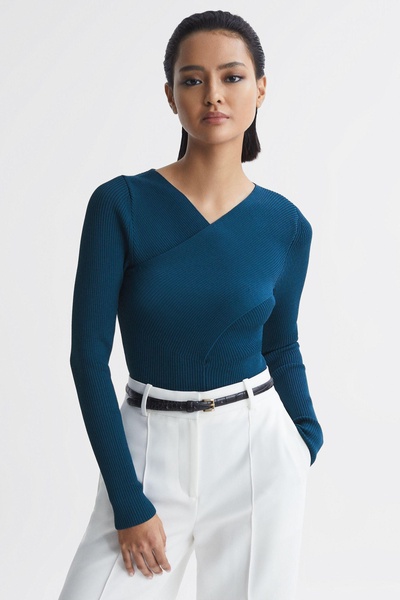 Knitted Wrap Long Sleeve Top in Teal