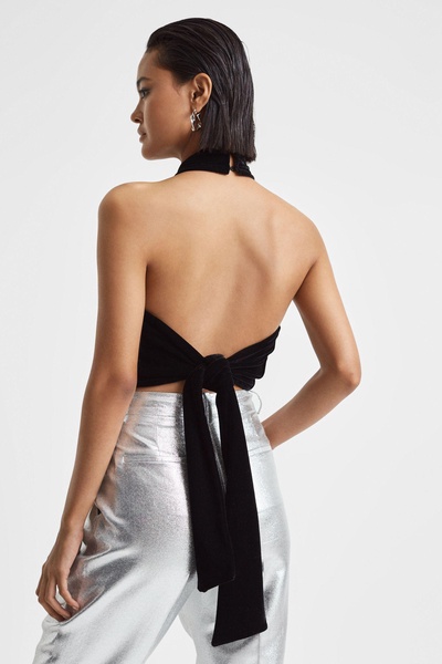 Velvet Halter Neck Cropped Top in Black