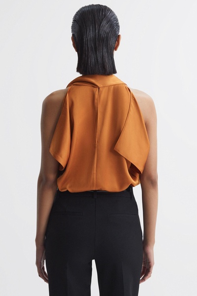 Tie Neck Draped Satin Blouse in Rust