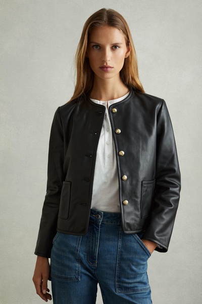 Cropped Leather Jacket in Black