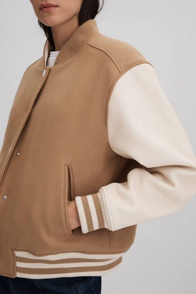 Premium Wool Blend Bomber Jacket in Camel/Cream