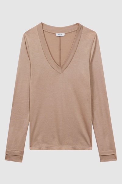 Jersey V-Neck Top in Camel