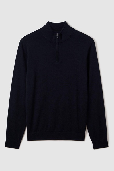 Merino Wool Half-Zip Funnel Neck Jumper in Navy